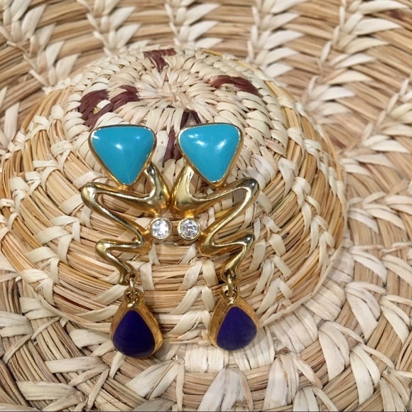 Dangle Unique 80’s zig zag blue gold earrings. - Picture 1 of 3